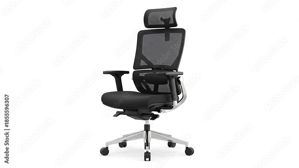 Fototapeta premium Premium ergonomic office chair in black, offering advanced lumbar support and adjustable comfort, ideal for modern professional workspaces and prolonged productivity