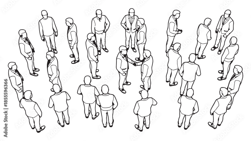 Fototapeta premium Overhead view sketch illustrates a diverse group of businessmen and professionals standing and interacting during a corporate event or meeting setting.