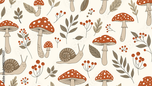 A charming seamless pattern featuring hand-drawn forest elements like amanita mushrooms, cute snails, and autumn berries and leaves.