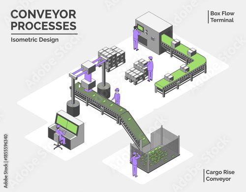 Cartoon Color Conveyor Processes Factory Concept 3d Isometric View Line Elements Box Flow Terminal and Cargo Rise Conveyor . Vector illustration