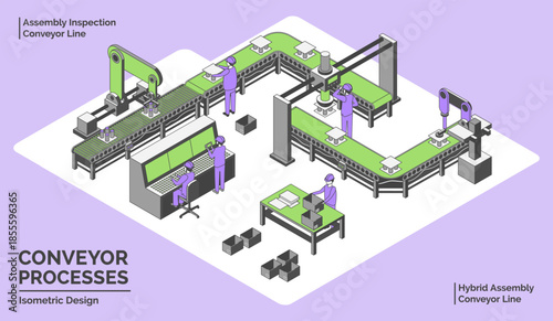Cartoon Color Conveyor Processes Factory Concept 3d Isometric View Line Elements Hybrid Assembly Conveyor and Assembly Inspection . Vector illustration