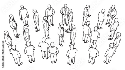 Overhead view sketch illustrates a diverse group of businessmen and professionals standing and interacting during a corporate event or meeting setting.