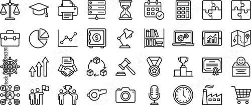 Collection of outline style business and finance vector icons representing concepts like strategy planning legal matters teamwork success achievement and data analysis