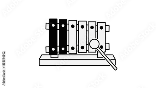 Simple Line Drawing of a Wooden Xylophone with Mallet.