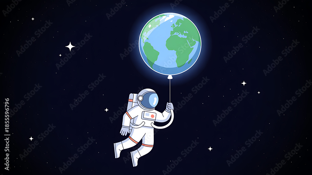 Fototapeta premium Astronaut floating in space holding a balloon shaped like planet Earth