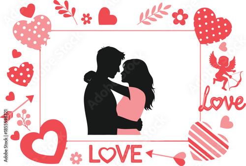 Romantic couple embracing in love frame with hearts and flowers