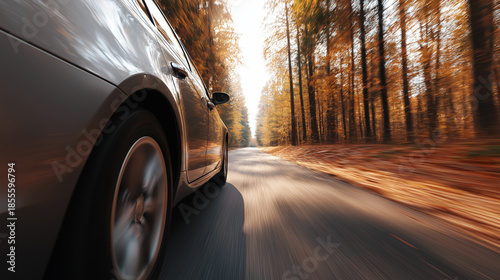 A car driving fast along a forest road during autumn with motion blur.
