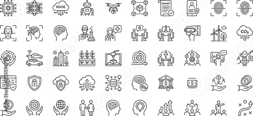 Collection of interconnected technology and artificial intelligence concept icons illustrating complex digital systems business processes and modern data security features