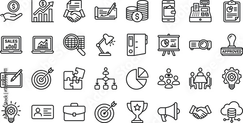 Collection of thin line monochrome icons representing various essential business finance management strategy and professional office concepts for digital projects