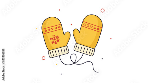 A pair of cute yellow winter mittens with a snowflake pattern, connected by a string, in a charming flat design illustration.