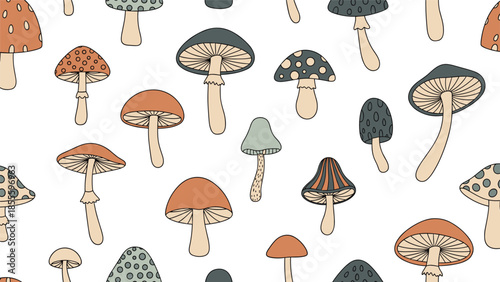 A seamless pattern of various whimsical mushrooms in earthy, retro colors, creating a groovy and magical forest floor design.