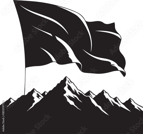 Black flag waving on a mountain peak against a white background