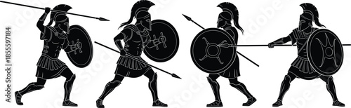 Ancient Greek warrior silhouette vector set with spear, shield, helmet, combat stances, black graphic design for historical themes.