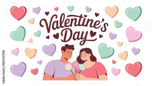 Valentine's Day Couple in Love: A couple shares a tender moment on Valentine's Day, surrounded by heart-shaped elements, symbolizing affection and love. A scene of romance and commitment.