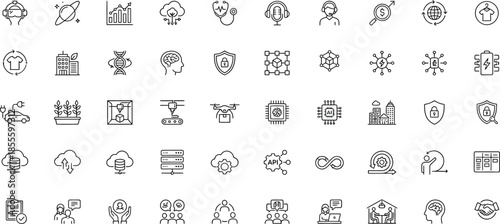 Comprehensive collection of outline technology icons representing data security artificial intelligence machine learning cloud computing network infrastructure and digital analytics concepts