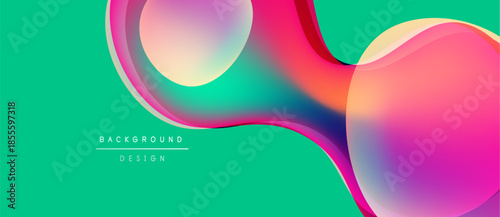 Abstract fluid shapes overlap, creating vibrant color gradients. Turquoise background complements pinks, purples, blues. Modern design element.