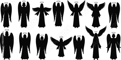 Angel silhouette vector illustration set with halo and wings, religious spiritual figures in various poses for decorative design use