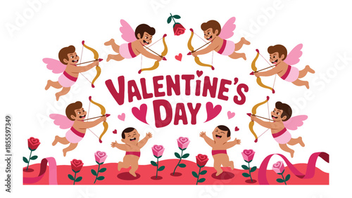 Valentine's Day Serenade: Adorable cherubs, armed with bows and arrows, fill the scene with a romantic atmosphere, complemented by elegant roses and ribbons.
