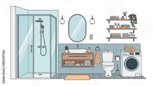 A modern bathroom interior with a glass shower, a stylish vanity, a toilet, and a washing machine in a clean, functional layout.