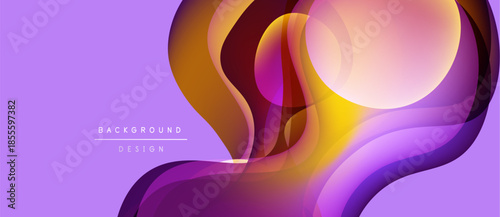 Abstract purple background features layered, flowing shapes. Warm colors blend into cool tones creating dynamic visual effect. Modern design element.
