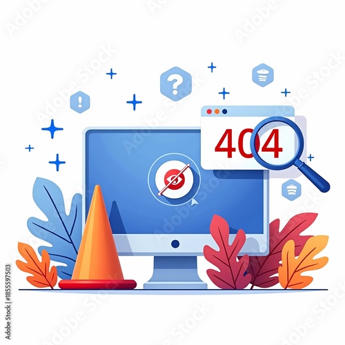 Modern 404 error illustration showing computer screens, warning cones, and search elements in a clean UI style. Ideal for website error pages, app interfaces, and user experience design concepts