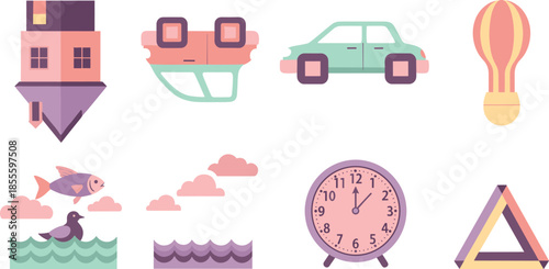 Colorful icons of everyday objects and nature scenes