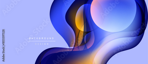 Abstract fluid shapes overlap, creating dynamic blue, purple gradients. Soft lighting enhances modern design aesthetic. Background features subtle text.