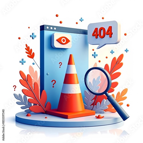 Modern 404 error illustration showing computer screens, warning cones, and search elements in a clean UI style. Ideal for website error pages, app interfaces, and user experience design concepts