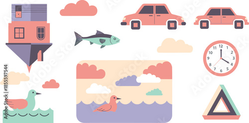 Colorful whimsical illustrations of surreal scenes and objects