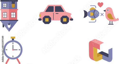 Colorful icons of everyday objects and symbols