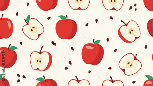 A cute and simple seamless pattern with whole red apples, apple halves, and seeds scattered on a light cream background.