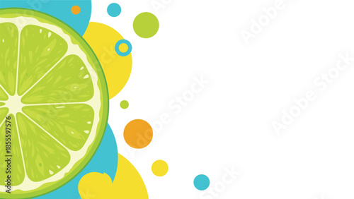 A vibrant and abstract summer background design with a large lime slice and colorful circles and shapes, with ample copy space.