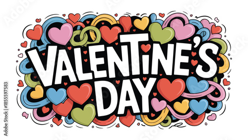 Valentine's Day Illustration: A colorful and vibrant graphic celebrating Valentine's Day, featuring the words Valentine's Day surrounded by various hearts.