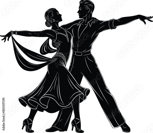 Ballroom dancing couple silhouette vector illustration, elegant dance pose artwork, romantic performance design for tango, waltz, salsa and artistic projects
