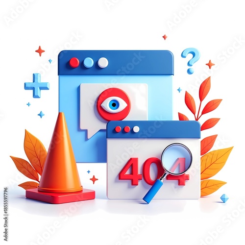 Modern 404 error illustration showing computer screens, warning cones, and search elements in a clean UI style. Ideal for website error pages, app interfaces, and user experience design concepts