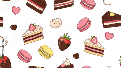 A sweet and romantic seamless pattern with slices of cake, macarons, chocolate-dipped strawberries, and hearts on a white background.