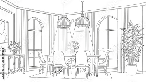 A detailed black and white line art illustration of a classic dining room interior, perfect for architectural visualization or coloring.