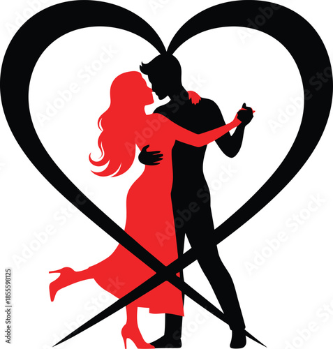 Romantic couple dancing in heart silhouette with crossed lines