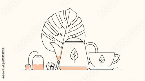 A minimalist line art illustration of a tea set with a teapot, cup, and tea bag, alongside a monstera leaf and berries.