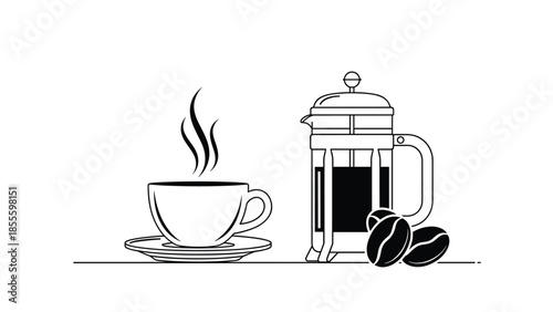 A minimalist black and white line art illustration of a steaming cup of coffee next to a French press and coffee beans.