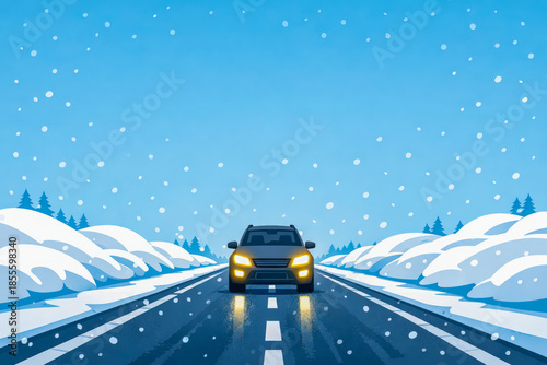 Horizontal winter night road with car headlights glowing through falling snow, deep blue tones and cinematic lighting creating moody travel scene, seasonal landscape illustration for winter driving