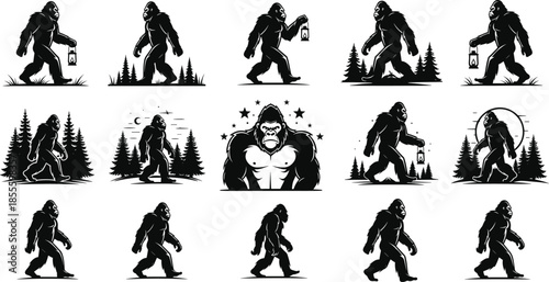 Bigfoot Sasquatch silhouette illustration set with forest, moon, lantern, walking poses, mysterious creature vector for wilderness and folklore themes