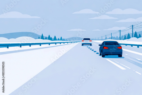 Horizontal snowy highway with two cars driving through winter landscape, soft blue tones and distant perspective creating motion, seasonal travel illustration for road safety, winter driving awareness