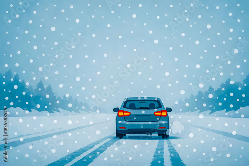 Horizontal winter road with car driving through falling snow on icy highway, blue cold tones and soft snowfall creating calm travel mood, seasonal landscape illustration for transportation safety