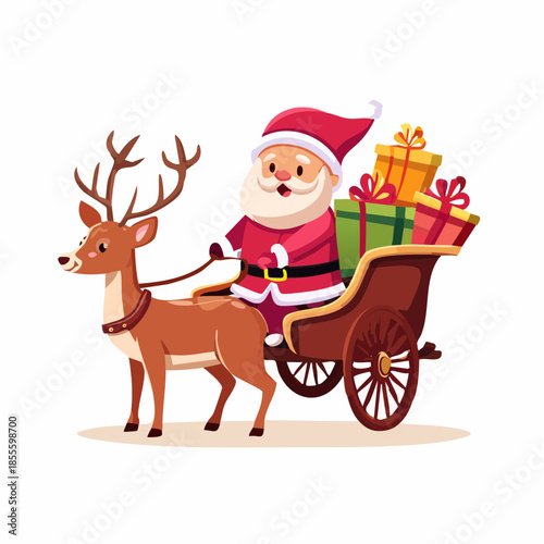 A cheerful cartoon Santa Claus riding in a sleigh pulled by a reindeer with gifts