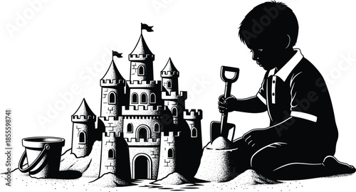 Black and white child building sandcastle with shovel and bucket, creative beach play vector illustration for kids summer fun design content
