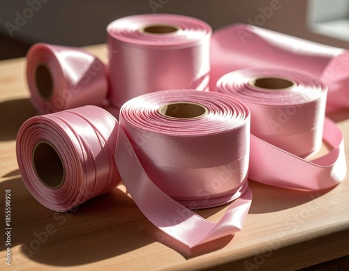 Close-up of glossy, pastel-hued ribbons rolled on cardboard tubes, some unspooling, resting on a wooden surface, with soft light