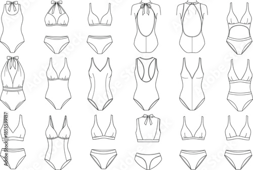 Black and white line drawing of 25 swimsuit designs featuring bikini and one-piece styles for fashion, catalog, and vector illustration use.