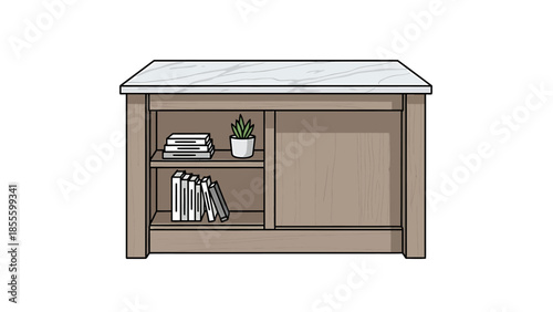 Illustration of a wooden cabinet with books and a plant on its shelves in a minimalist environment
