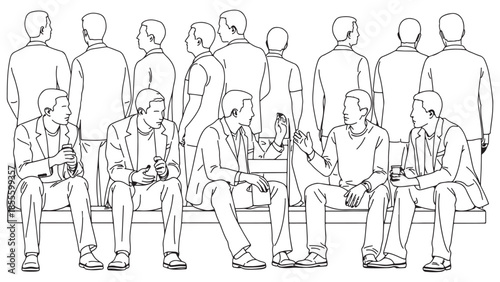 Group of professional businessmen waiting together on a bench while several other figures stand behind them in this black and white line art illustration